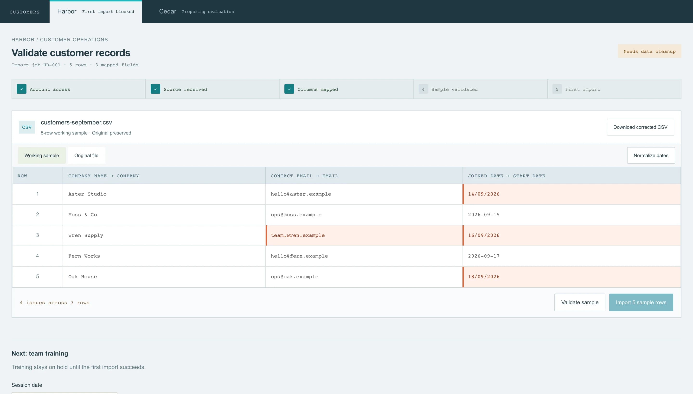 Customer launchpad: a customer’s file checked before it imports.