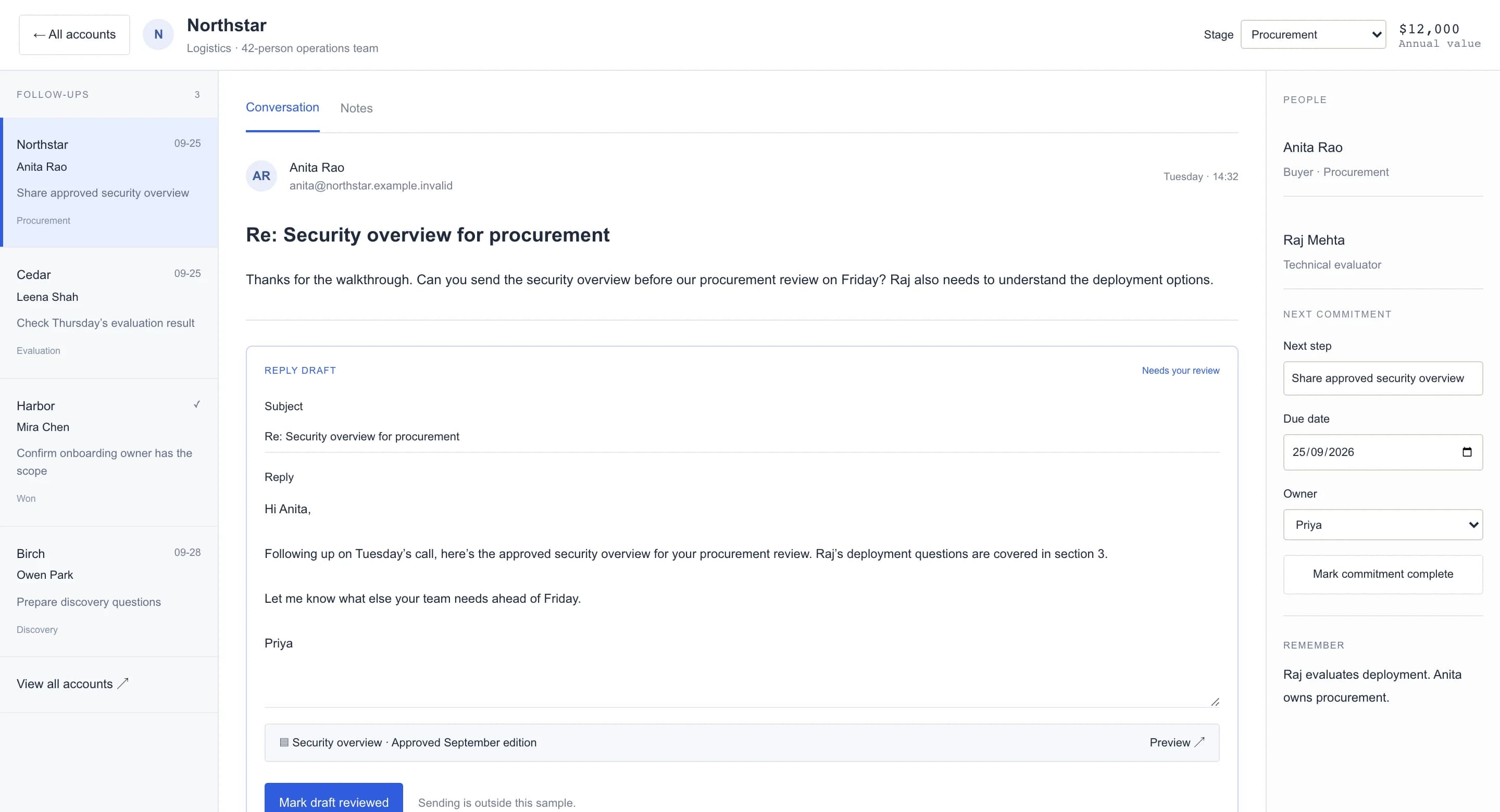 Deal desk: every buyer’s next step, with the reply drafted for review.