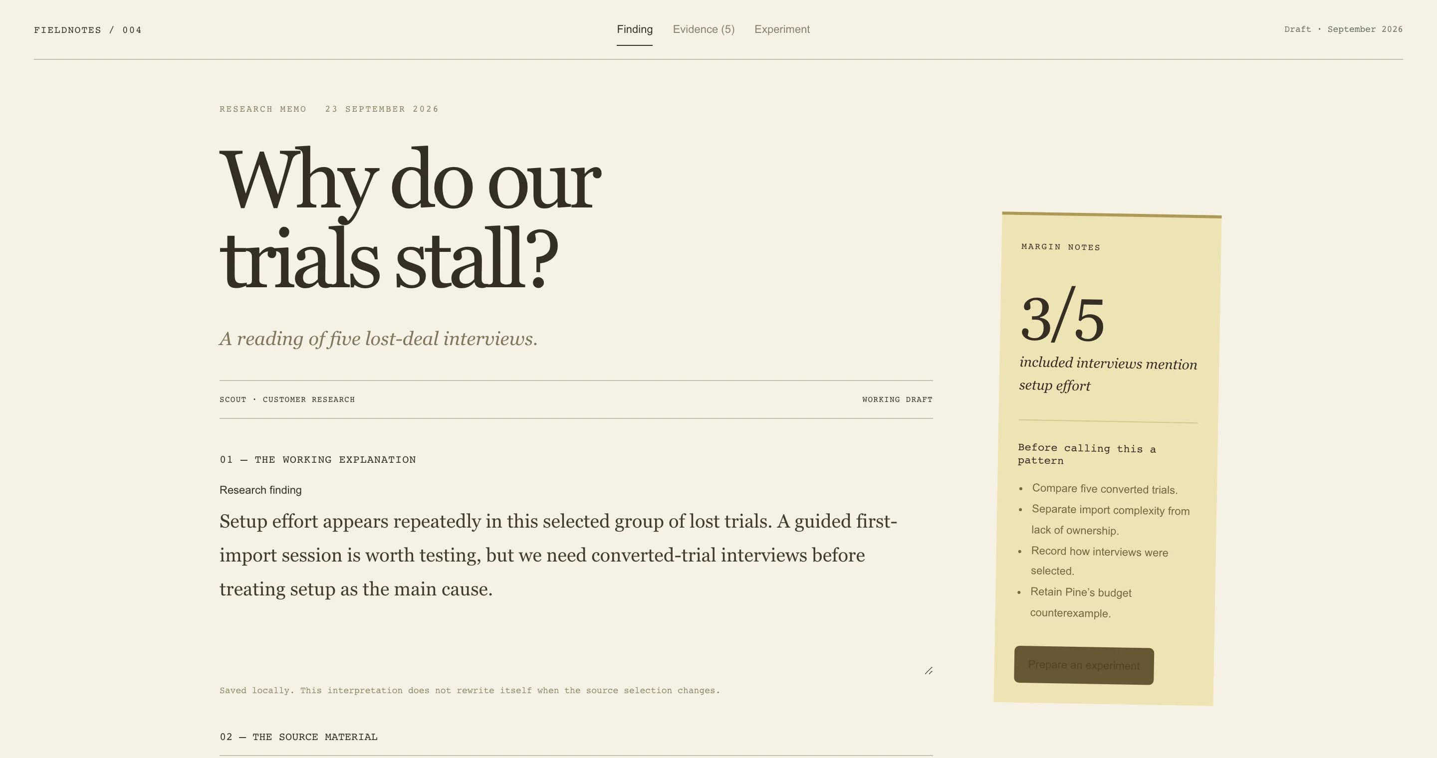 Evidence notebook: a research question with the evidence and the doubts beside it.
