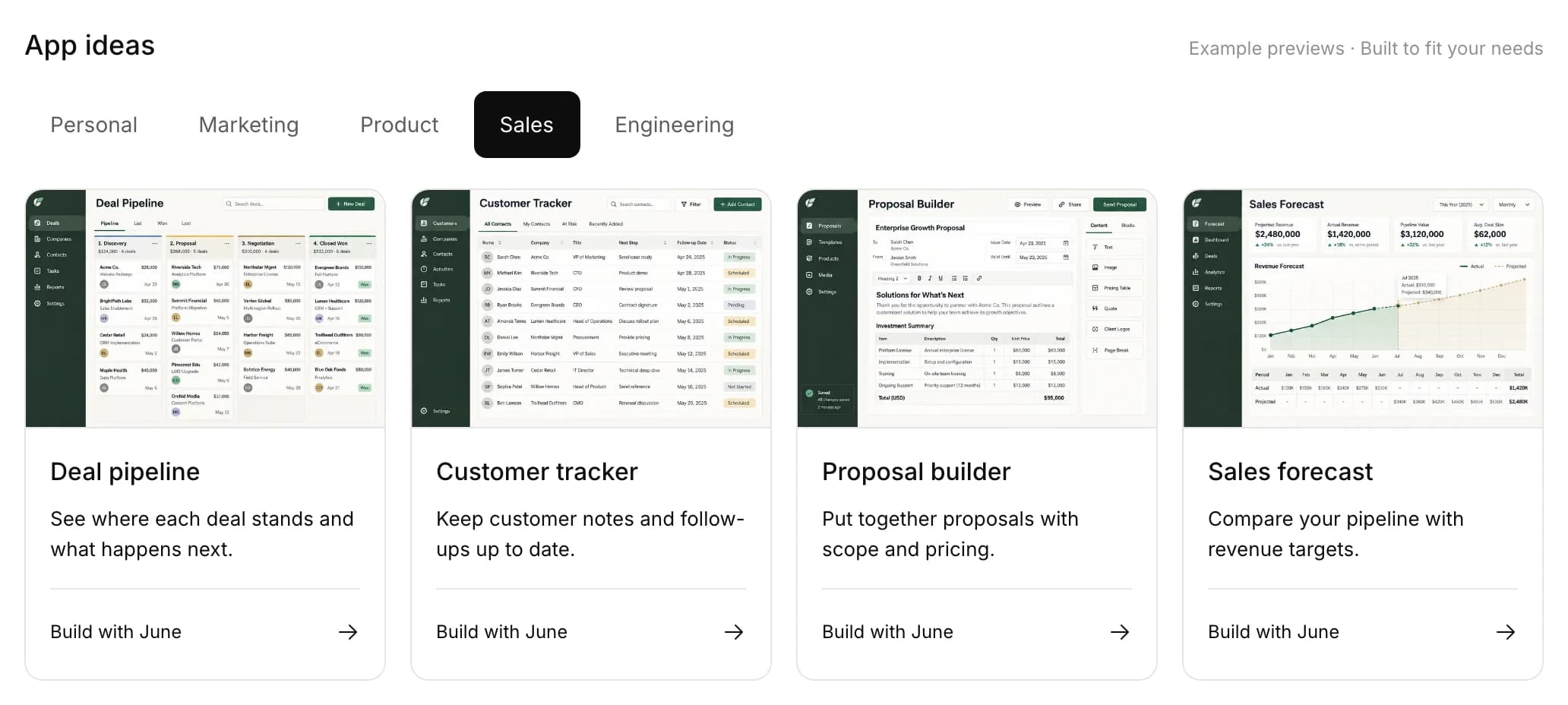 The Apps page with existing apps and a catalog of app ideas for sales.