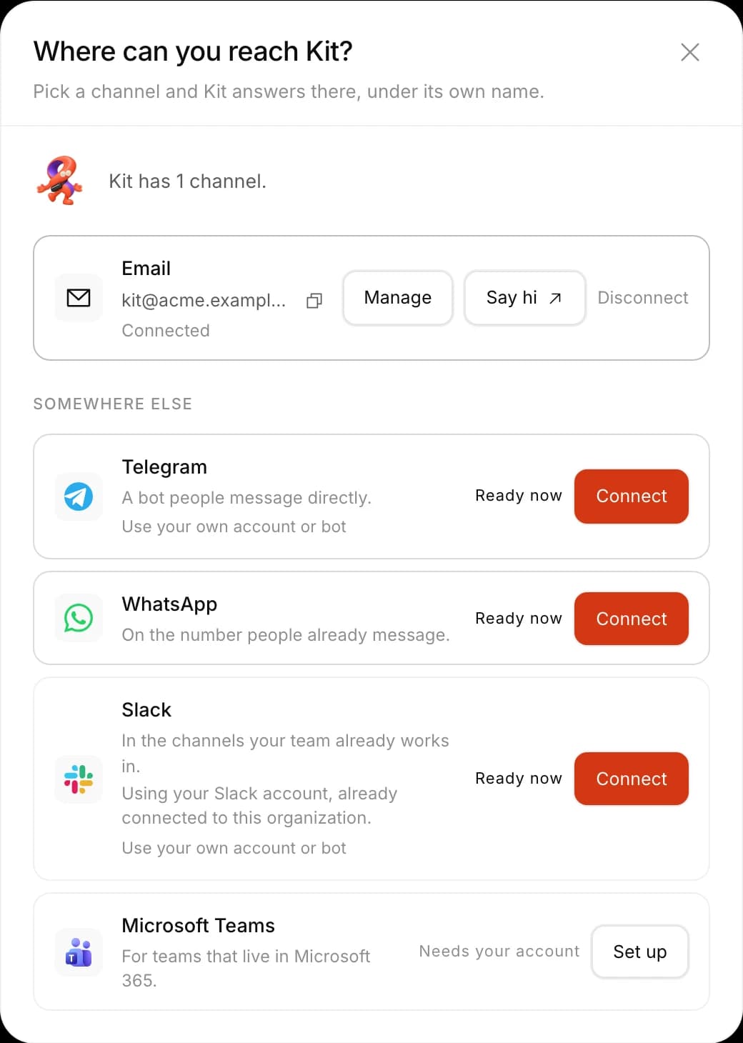 Where to reach a teammate: email connected; Telegram, Slack, Microsoft Teams and WhatsApp ready to connect.