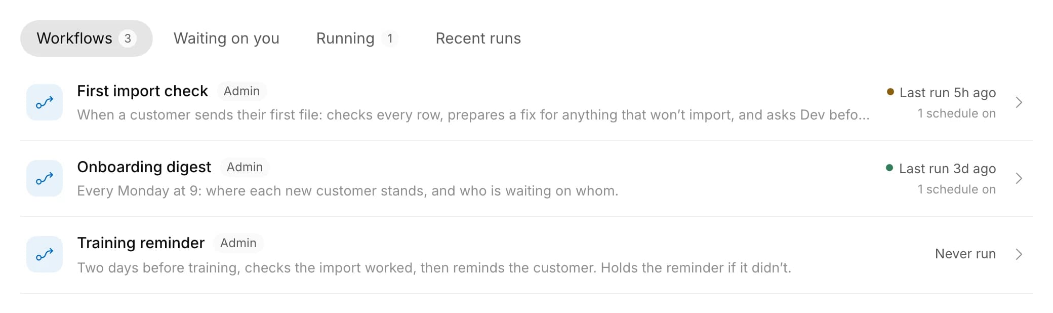 The workflows list with tabs for Workflows, Waiting on you, Running and Recent runs.