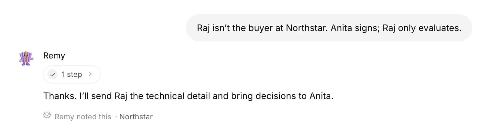 Someone corrects Remy about who signs at Northstar; a line under the reply says Remy noted this.