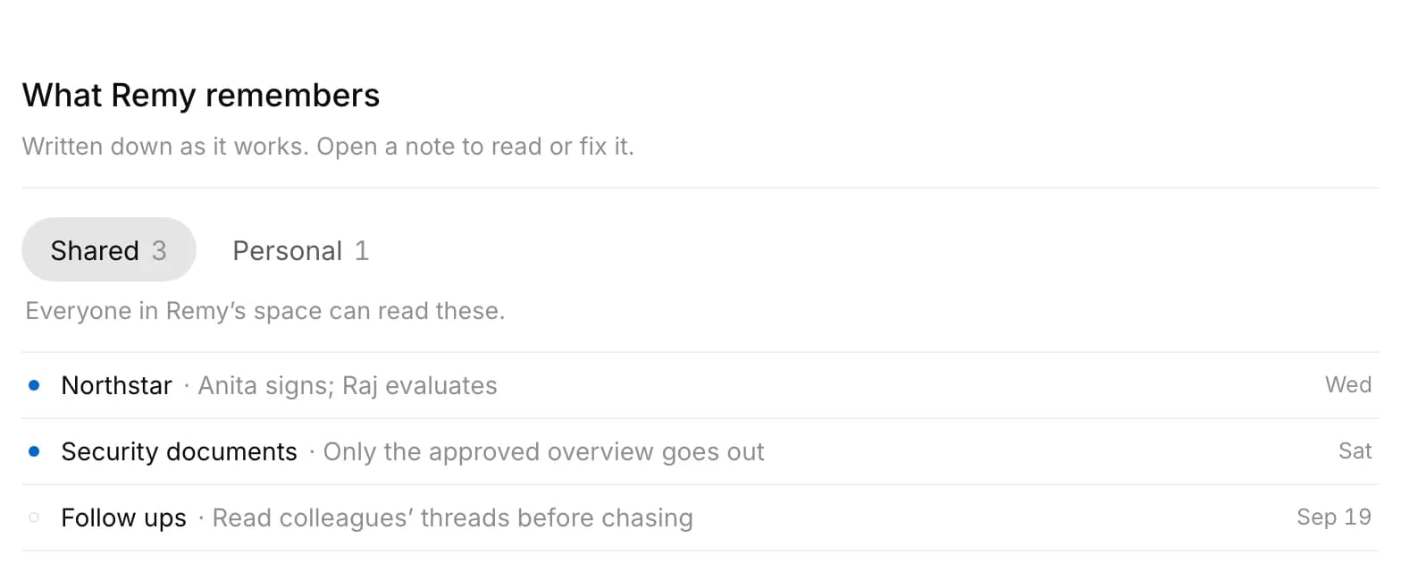 What Remy remembers, shared: notes on Northstar, security documents and follow-ups.